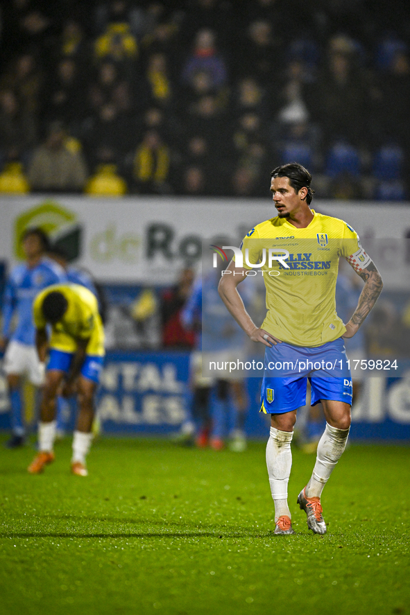 RKC forward Oskar Zawada feels disappointed after NEC scores a goal during the match between RKC and NEC at the Mandemakers Stadium in Waalw...