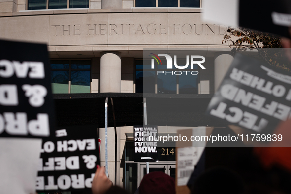 Hundreds demonstrate for reproductive rights outside The Heritage Foundation following the election of Donald Trump to be the next President...