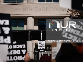 Hundreds demonstrate for reproductive rights outside The Heritage Foundation following the election of Donald Trump to be the next President...