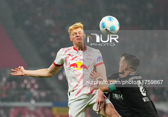 Nicolas Seiwald of Leipzig  heads during the Bundesliga match between RB Leipzig and Borussia Mönchengladbach at Red Bull arena, Leipzig, Ge...