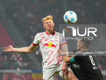 Nicolas Seiwald of Leipzig  heads during the Bundesliga match between RB Leipzig and Borussia Mönchengladbach at Red Bull arena, Leipzig, Ge...