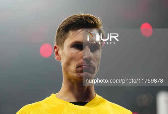 Moritz Nicolas of Borussia Monchengladbach  looks on during the Bundesliga match between RB Leipzig and Borussia Mönchengladbach at Red Bull...