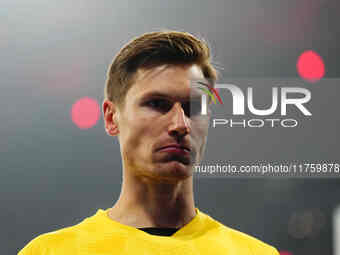 Moritz Nicolas of Borussia Monchengladbach  looks on during the Bundesliga match between RB Leipzig and Borussia Mönchengladbach at Red Bull...