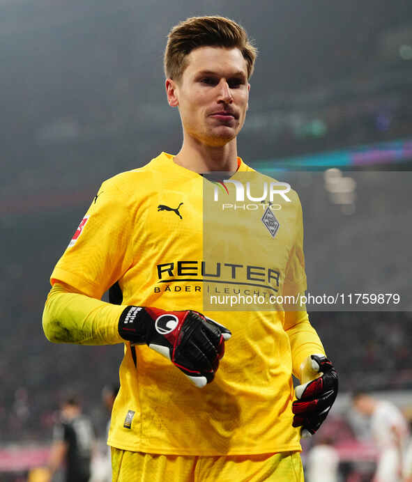 Moritz Nicolas of Borussia Monchengladbach  looks on during the Bundesliga match between RB Leipzig and Borussia Mönchengladbach at Red Bull...