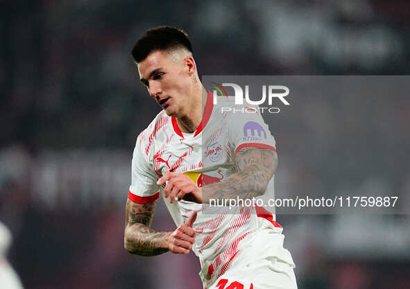 Benjamin Sesko of Leipzig  looks on during the Bundesliga match between RB Leipzig and Borussia Mönchengladbach at Red Bull arena, Leipzig,...