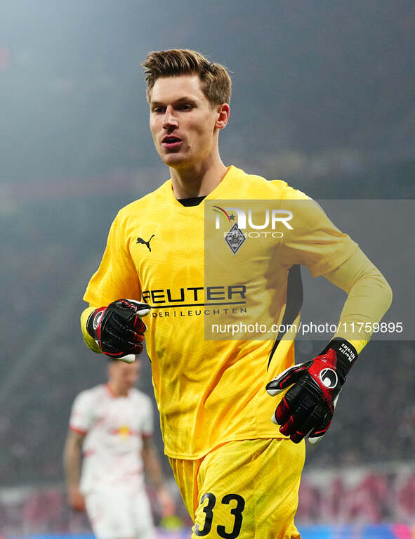 Moritz Nicolas of Borussia Monchengladbach  looks on during the Bundesliga match between RB Leipzig and Borussia Mönchengladbach at Red Bull...