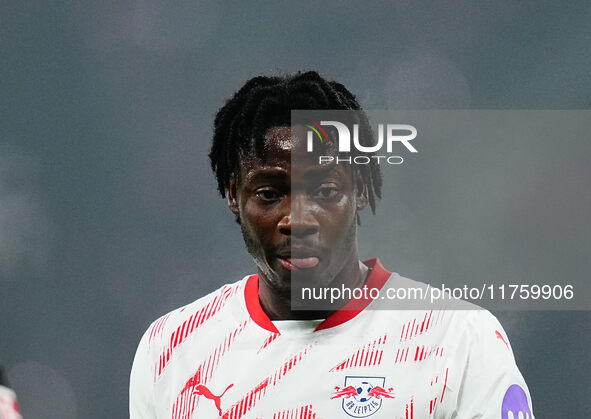 El Chadaille Bitshiabu of Leipzig  looks on during the Bundesliga match between RB Leipzig and Borussia Mönchengladbach at Red Bull arena, L...