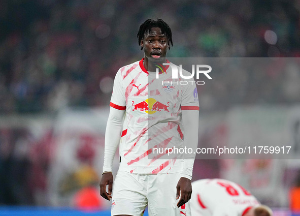 El Chadaille Bitshiabu of Leipzig  looks on during the Bundesliga match between RB Leipzig and Borussia Mönchengladbach at Red Bull arena, L...