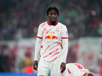 El Chadaille Bitshiabu of Leipzig  looks on during the Bundesliga match between RB Leipzig and Borussia Mönchengladbach at Red Bull arena, L...