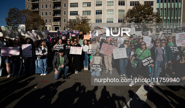 Hundreds take a agroup photos at the conclusion of a demonstration for reproductive rights outside The Heritage Foundation following the ele...