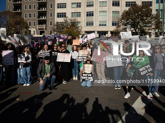 Hundreds take a agroup photos at the conclusion of a demonstration for reproductive rights outside The Heritage Foundation following the ele...