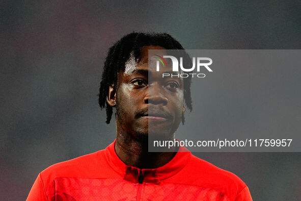 El Chadaille Bitshiabu of Leipzig  looks on during the Bundesliga match between RB Leipzig and Borussia Mönchengladbach at Red Bull arena, L...