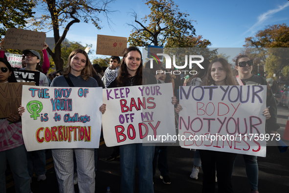 Hundreds demonstrate  fore reproductive rights outside The Heritage Foundation following election of Donald Trump as the next President of t...