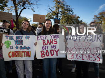 Hundreds demonstrate  fore reproductive rights outside The Heritage Foundation following election of Donald Trump as the next President of t...