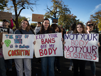 Hundreds demonstrate  fore reproductive rights outside The Heritage Foundation following election of Donald Trump as the next President of t...