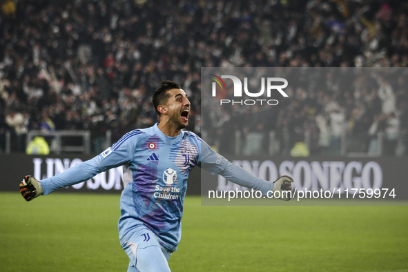 Juventus goalkeeper Mattia Perin celebrates during the Serie A football match number 12, Juventus vs. Torino, at the Allianz Stadium in Turi...