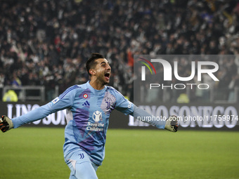 Juventus goalkeeper Mattia Perin celebrates during the Serie A football match number 12, Juventus vs. Torino, at the Allianz Stadium in Turi...