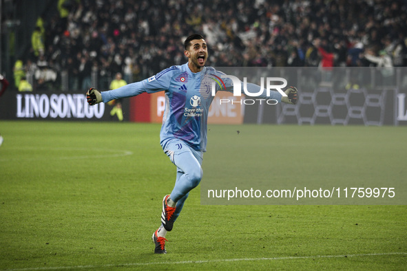 Juventus goalkeeper Mattia Perin celebrates during the Serie A football match number 12, Juventus vs. Torino, at the Allianz Stadium in Turi...