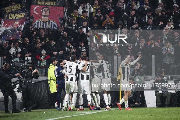 Juventus forward Kenan Yildiz (10) celebrates with his teammates after scoring his goal to make it 2-0 during the Serie A football match num...