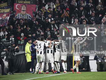 Juventus forward Kenan Yildiz (10) celebrates with his teammates after scoring his goal to make it 2-0 during the Serie A football match num...