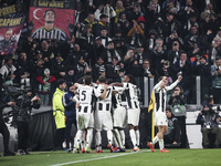 Juventus forward Kenan Yildiz (10) celebrates with his teammates after scoring his goal to make it 2-0 during the Serie A football match num...