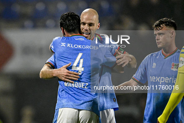 NEC defenders Ivan Marquez and Bram Nuytinck play during the match between RKC and NEC at the Mandemakers Stadium in Waalwijk, Netherlands,...