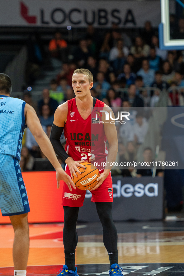 Ludde Hakanson of UCAM Murcia is in action during the Liga Endesa 2024-2025 match between Morabanc Andorra and UCAM Murcia at Poliesportiu d...