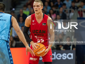 Ludde Hakanson of UCAM Murcia is in action during the Liga Endesa 2024-2025 match between Morabanc Andorra and UCAM Murcia at Poliesportiu d...