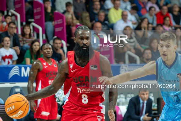 Howard Sant-Roos of UCAM Murcia is in action during the Liga Endesa 2024-2025 match between Morabanc Andorra and UCAM Murcia at Poliesportiu...