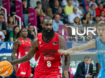 Howard Sant-Roos of UCAM Murcia is in action during the Liga Endesa 2024-2025 match between Morabanc Andorra and UCAM Murcia at Poliesportiu...