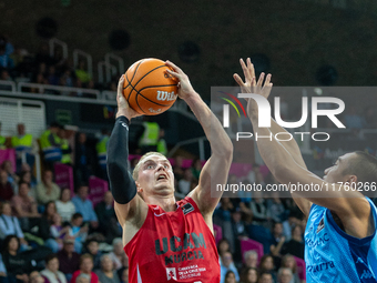 Ludde Hakanson of UCAM Murcia is in action during the Liga Endesa 2024-2025 match between Morabanc Andorra and UCAM Murcia at Poliesportiu d...