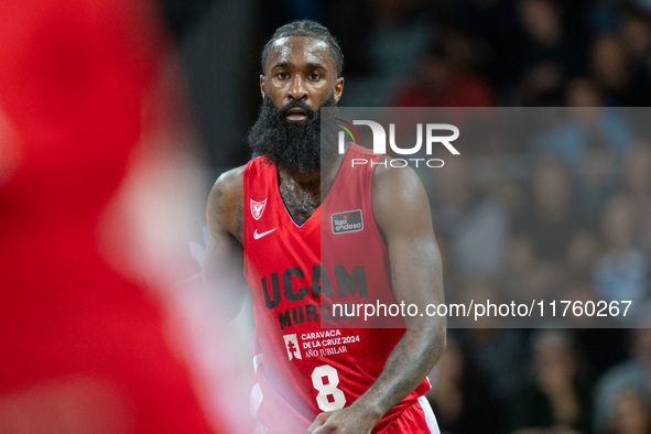 Howard Sant-Roos of UCAM Murcia is in action during the Liga Endesa 2024-2025 match between Morabanc Andorra and UCAM Murcia at Poliesportiu...