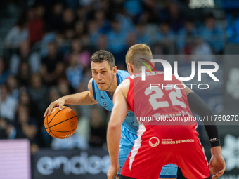 Nikola Radicevic of Morabanc Andorra is in action during the Liga Endesa 2024-2025 match between Morabanc Andorra and UCAM Murcia at Poliesp...