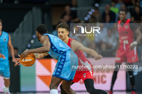 Players are in action during the Liga Endesa 2024-2025 match between Morabanc Andorra and UCAM Murcia at Poliesportiu d'Andorra in Andorra L...