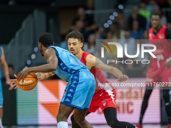 Players are in action during the Liga Endesa 2024-2025 match between Morabanc Andorra and UCAM Murcia at Poliesportiu d'Andorra in Andorra L...