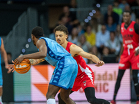 Players are in action during the Liga Endesa 2024-2025 match between Morabanc Andorra and UCAM Murcia at Poliesportiu d'Andorra in Andorra L...