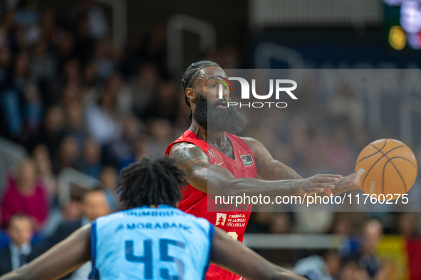 Howard Sant-Roos of UCAM Murcia is in action during the Liga Endesa 2024-2025 match between Morabanc Andorra and UCAM Murcia at Poliesportiu...