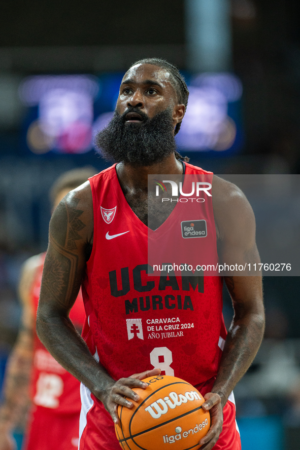 Howard Sant-Roos of UCAM Murcia is in action during the Liga Endesa 2024-2025 match between Morabanc Andorra and UCAM Murcia at Poliesportiu...