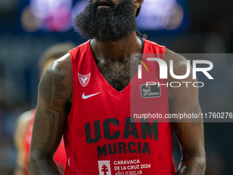 Howard Sant-Roos of UCAM Murcia is in action during the Liga Endesa 2024-2025 match between Morabanc Andorra and UCAM Murcia at Poliesportiu...