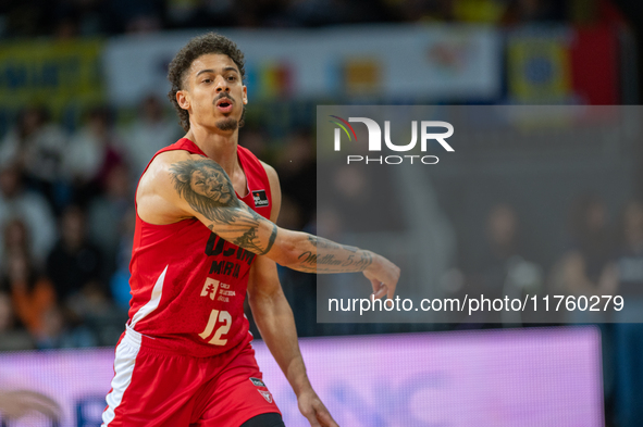 Jonah Radebaugh of UCAM Murcia is in action during the Liga Endesa 2024-2025 match between Morabanc Andorra and UCAM Murcia at Poliesportiu...