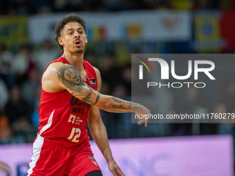 Jonah Radebaugh of UCAM Murcia is in action during the Liga Endesa 2024-2025 match between Morabanc Andorra and UCAM Murcia at Poliesportiu...