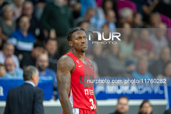 Dylan Ennis of UCAM Murcia is in action during the Liga Endesa 2024-2025 match between Morabanc Andorra and UCAM Murcia at Poliesportiu d'An...