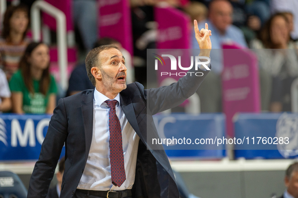 Sito Alonso, coach of UCAM Murcia, looks on during the Liga Endesa 2024-2025 match between Morabanc Andorra and UCAM Murcia at Poliesportiu...