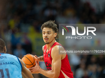 Jonah Radebaugh of UCAM Murcia is in action during the Liga Endesa 2024-2025 match between Morabanc Andorra and UCAM Murcia at Poliesportiu...