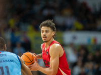 Jonah Radebaugh of UCAM Murcia is in action during the Liga Endesa 2024-2025 match between Morabanc Andorra and UCAM Murcia at Poliesportiu...