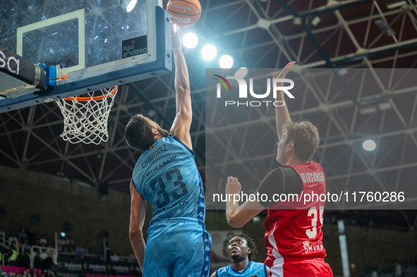 Nikos Chougkaz of Morabanc Andorra and Simon Birgander of UCAM Murcia are in action during the Liga Endesa 2024-2025 match between Morabanc...