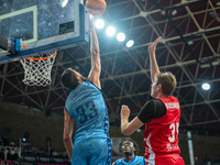 Nikos Chougkaz of Morabanc Andorra and Simon Birgander of UCAM Murcia are in action during the Liga Endesa 2024-2025 match between Morabanc...