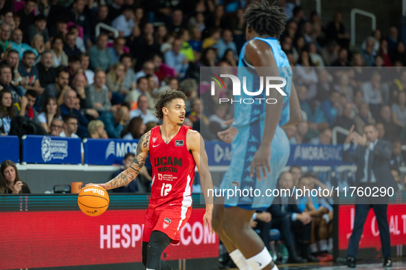 Jonah Radebaugh of UCAM Murcia is in action during the Liga Endesa 2024-2025 match between Morabanc Andorra and UCAM Murcia at Poliesportiu...