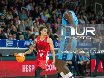 Jonah Radebaugh of UCAM Murcia is in action during the Liga Endesa 2024-2025 match between Morabanc Andorra and UCAM Murcia at Poliesportiu...