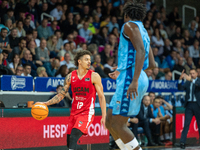 Jonah Radebaugh of UCAM Murcia is in action during the Liga Endesa 2024-2025 match between Morabanc Andorra and UCAM Murcia at Poliesportiu...